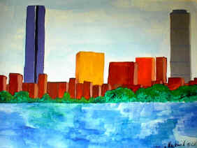 Watercolor of Boston Skyline from across the Charles River